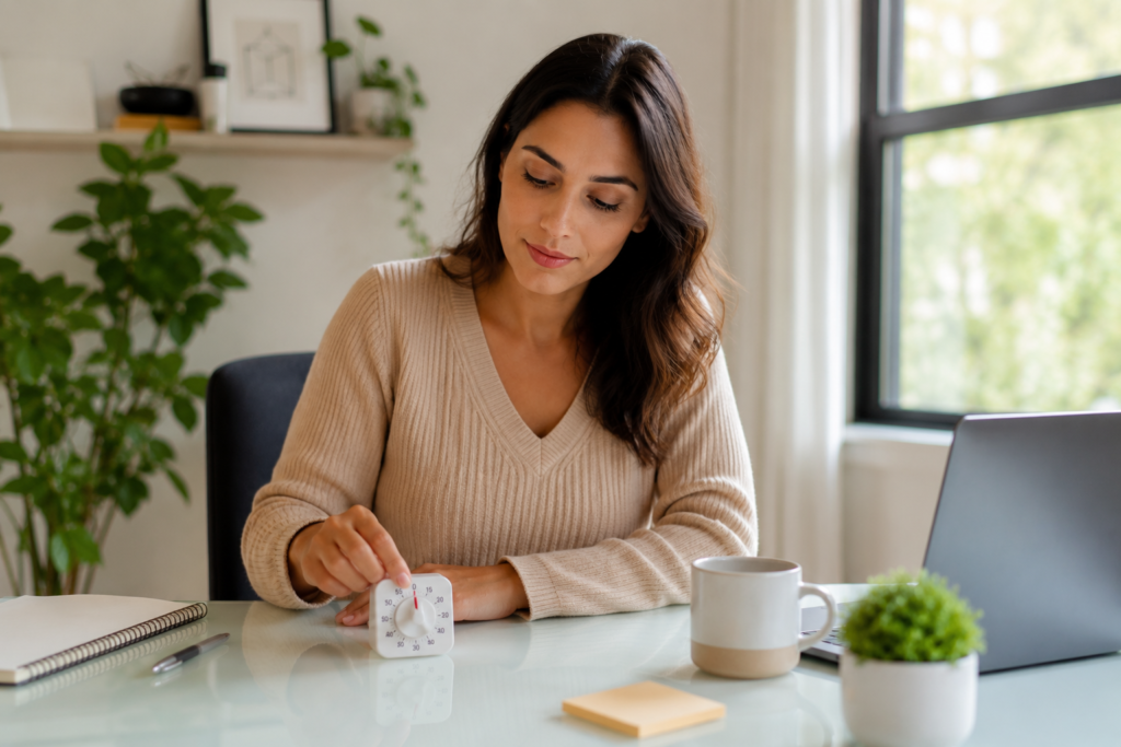 mulher usando timer de 5 minutos para aplicar técnica antiprocrastinação
