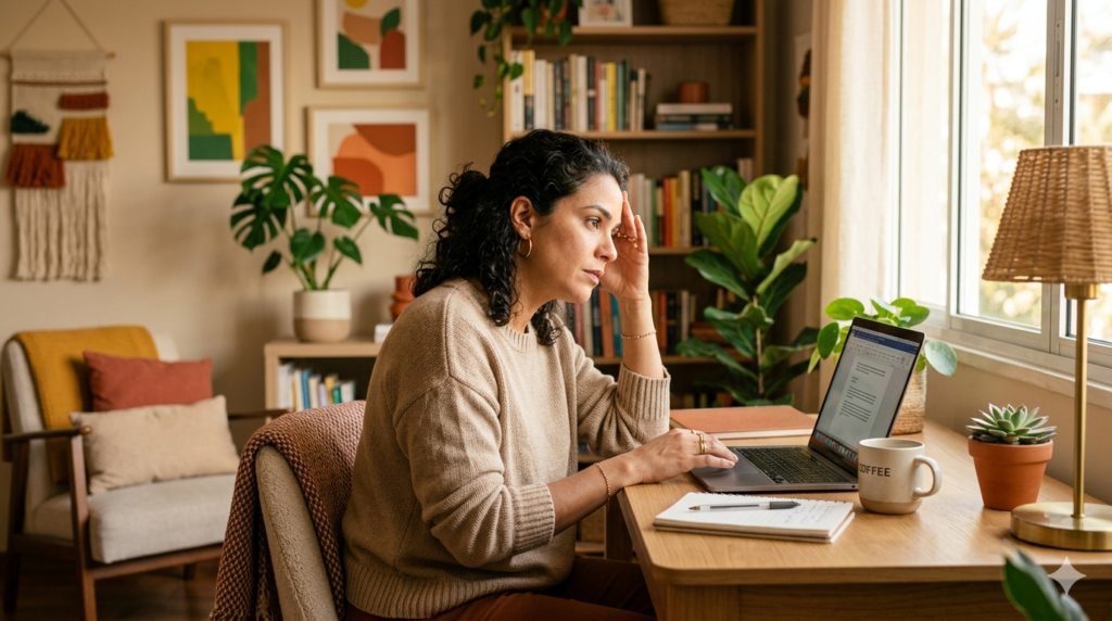 mulher sentada em frente ao notebook com expressão pensativa, representando ansiedade e procrastinação no cotidiano