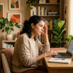 mulher sentada em frente ao notebook com expressão pensativa, representando ansiedade e procrastinação no cotidiano