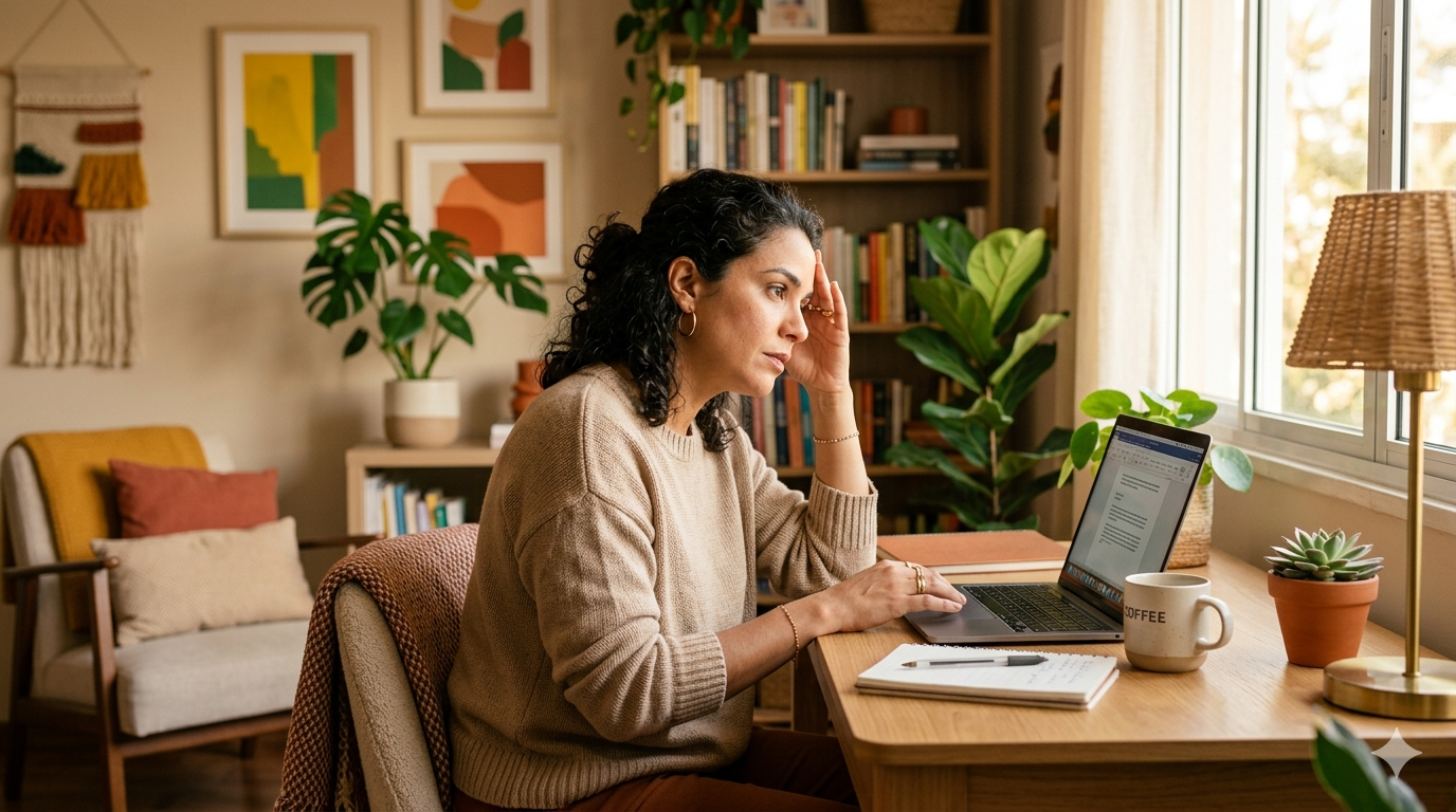 mulher sentada em frente ao notebook com expressão pensativa, representando ansiedade e procrastinação no cotidiano