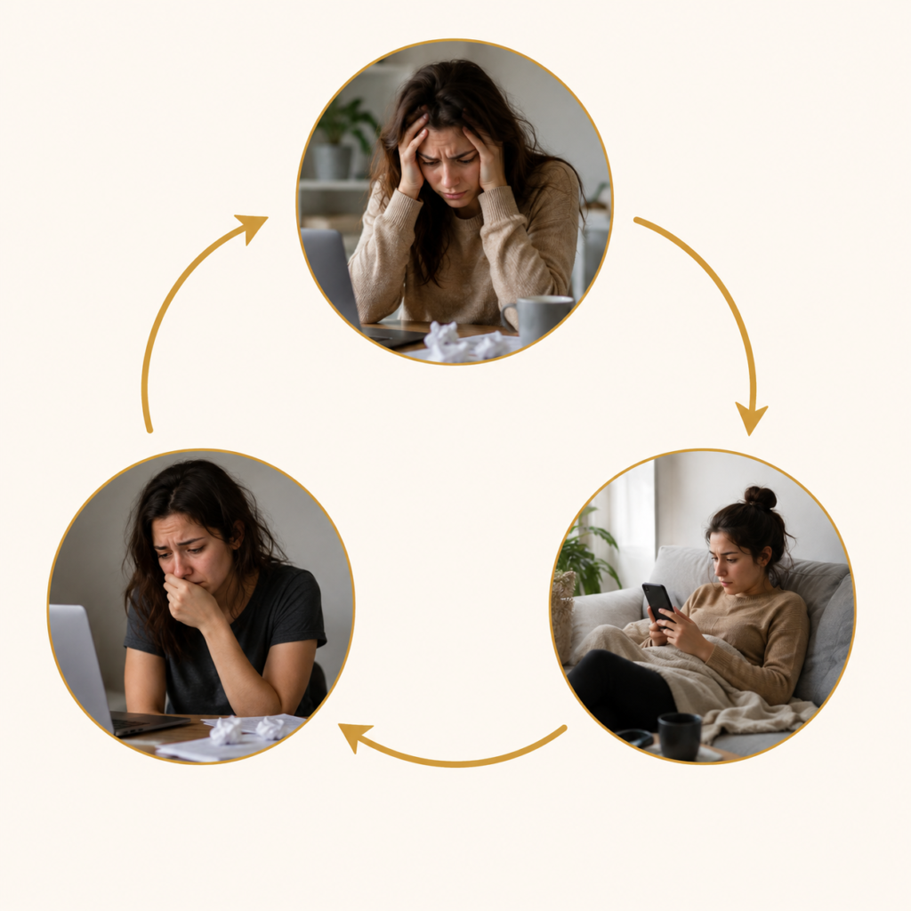 diagrama representando o ciclo vicioso entre ansiedade, procrastinação e culpa