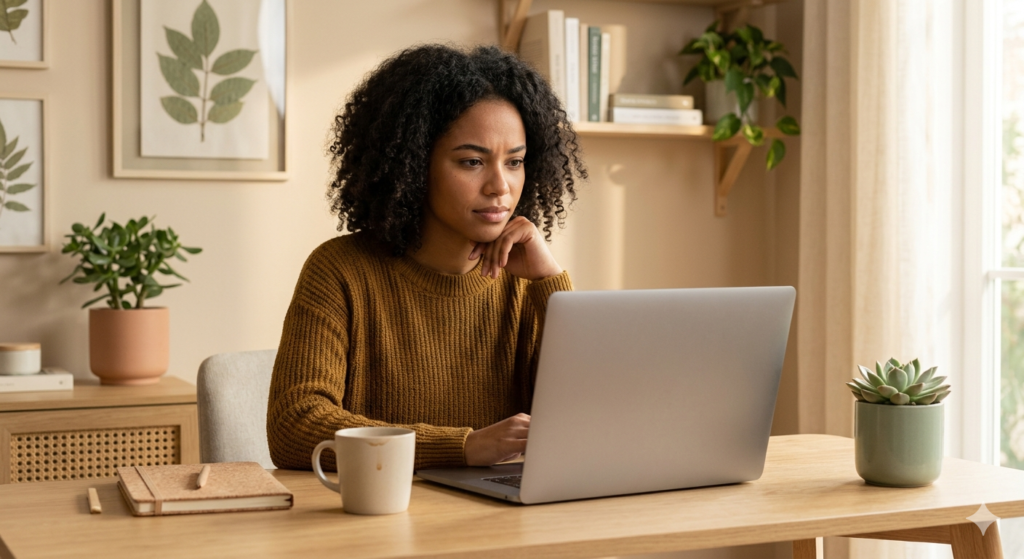 mulher pensativa olhando para o computador com síndrome da impostora
