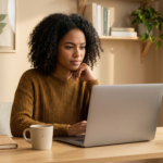mulher pensativa olhando para o computador com síndrome da impostora