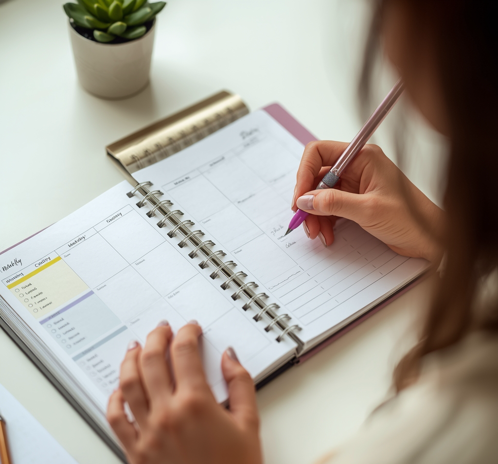 mulher planejando semana de forma realista em planner — rotina semanal realista