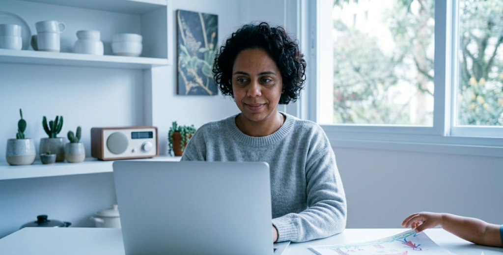 mãe em home office com porta fechada enquanto filhos brincam — trabalhar em casa com filhos