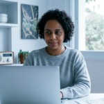 mãe em home office com porta fechada enquanto filhos brincam — trabalhar em casa com filhos