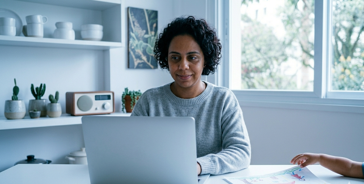 mãe em home office com porta fechada enquanto filhos brincam — trabalhar em casa com filhos