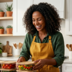 mãe preparando marmitas e recipientes com comida na cozinha — meal prep para mães