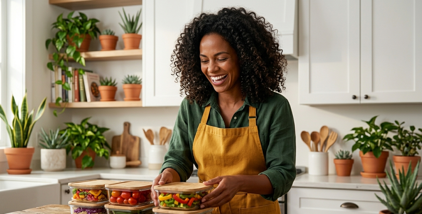 mãe preparando marmitas e recipientes com comida na cozinha — meal prep para mães