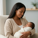 mãe trabalhando no notebook com bebê dormindo no colo — produtividade com recém-nascido