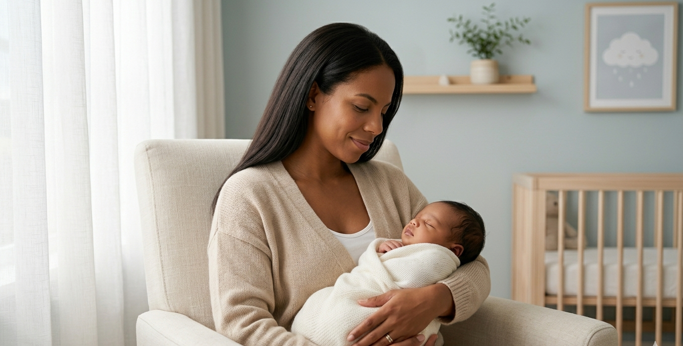 mãe trabalhando no notebook com bebê dormindo no colo — produtividade com recém-nascido