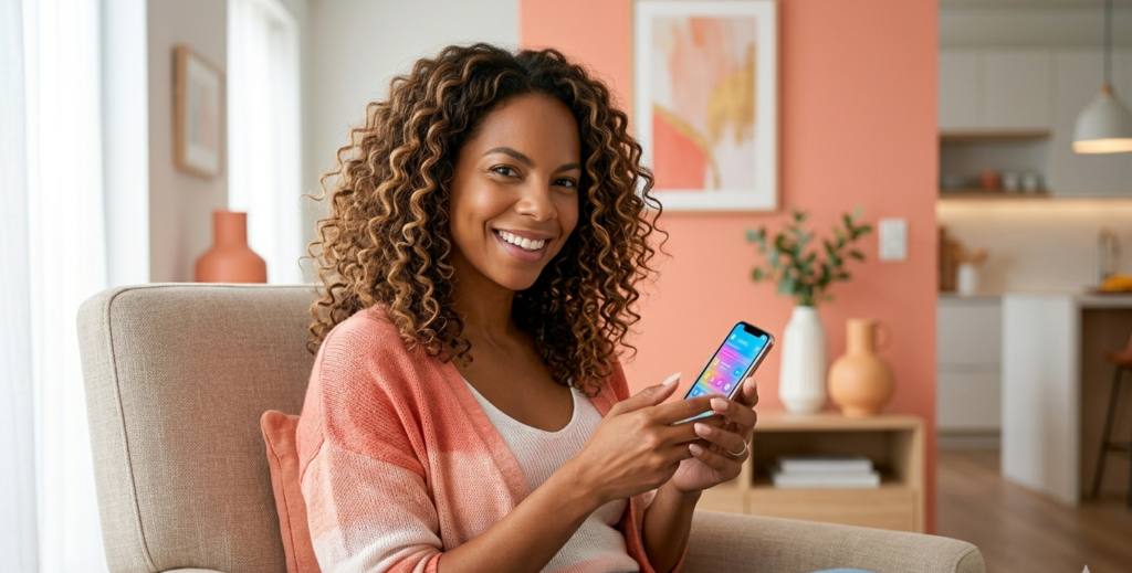 mãe usando smartphone com aplicativos de organização abertos — aplicativos de produtividade para mães
