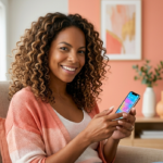 mãe usando smartphone com aplicativos de organização abertos — aplicativos de produtividade para mães