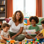 mãe em cozinha movimentada organizando rotina com três filhos — rotina para mãe de 3 filhos