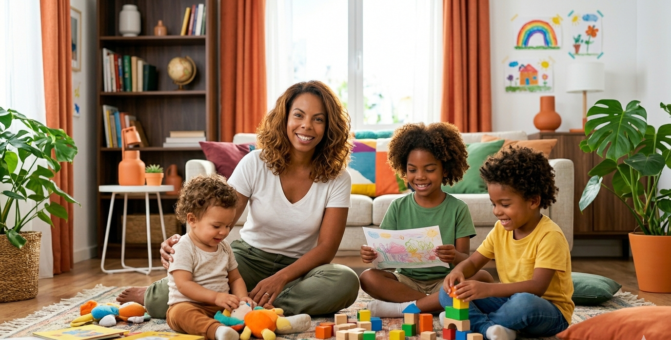 mãe em cozinha movimentada organizando rotina com três filhos — rotina para mãe de 3 filhos