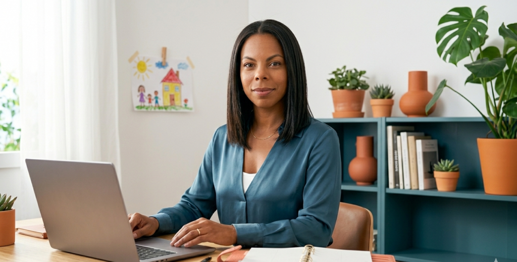 mãe empreendedora trabalhando no notebook em home office organizado — produtividade para mãe empreendedora