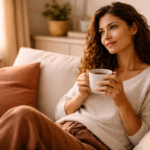 mulher relaxando no sofá com café — rotina pós-parto produtividade