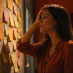 mãe diante de mural de post-its — carga mental de mãe