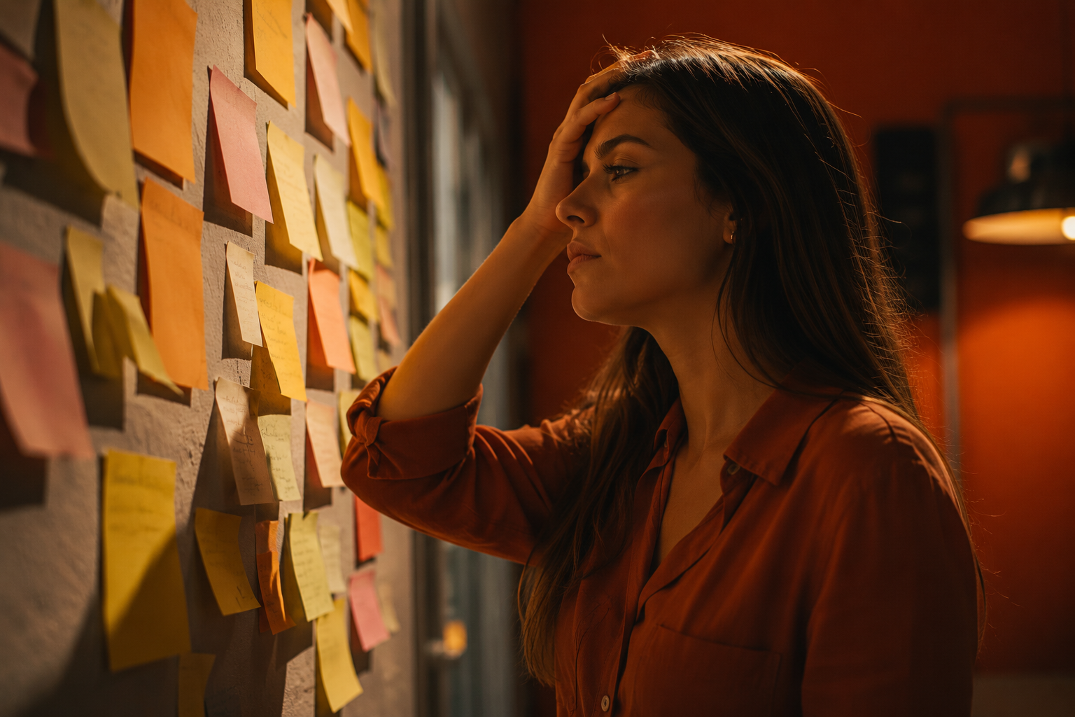 mãe diante de mural de post-its — carga mental de mãe