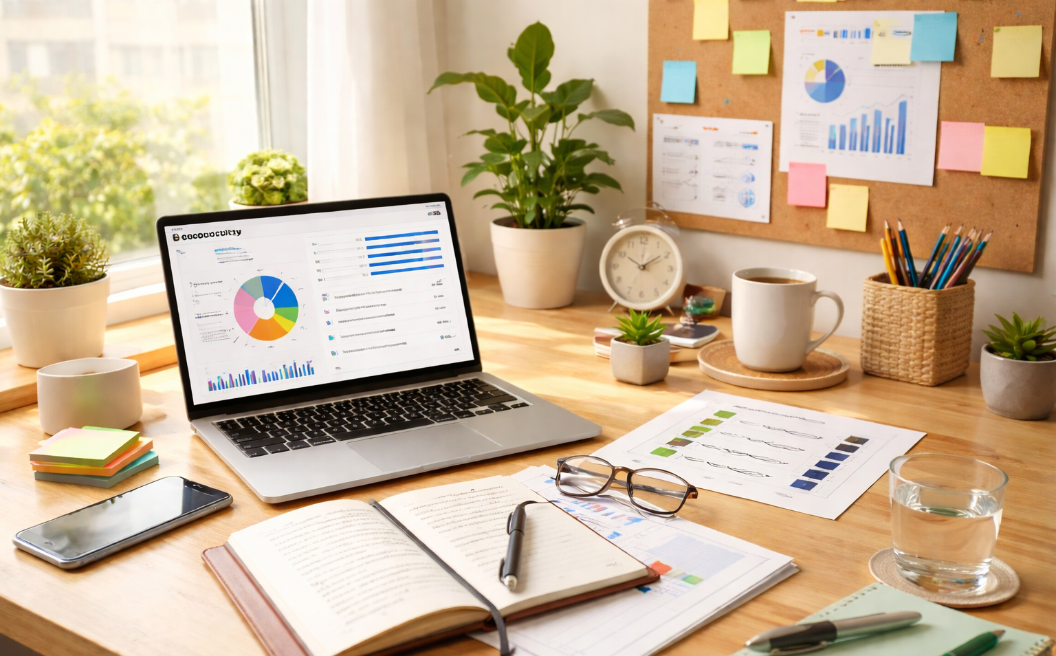 ambiente de trabalho organizado com laptop, plantas e caderno — produtividade para introvertidas