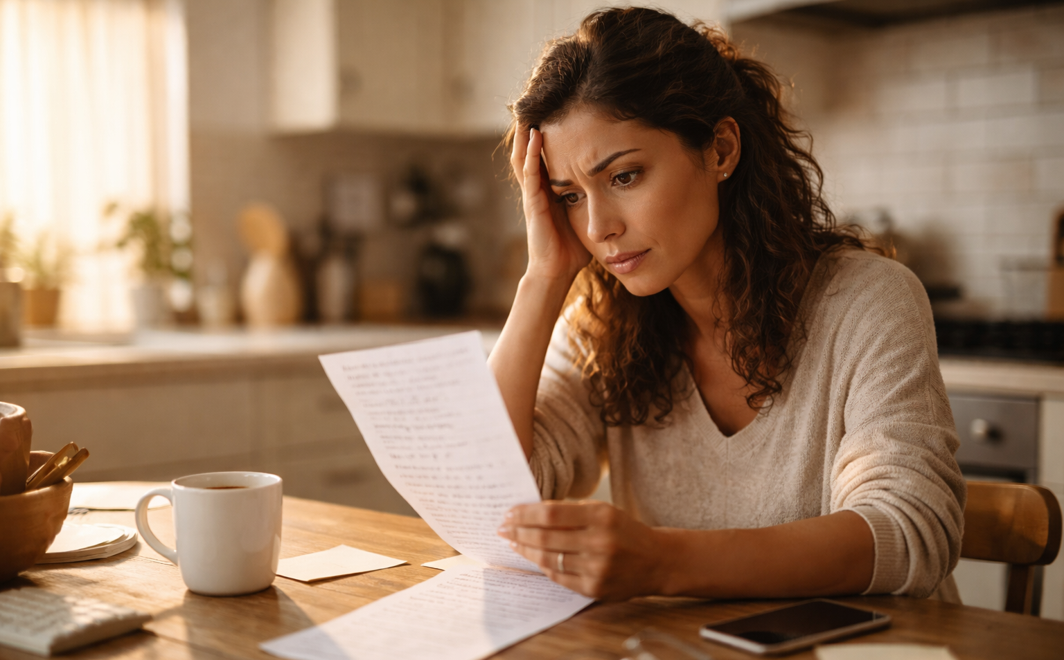 mulher preocupada lendo documento com café — como planejar a semana com ansiedade