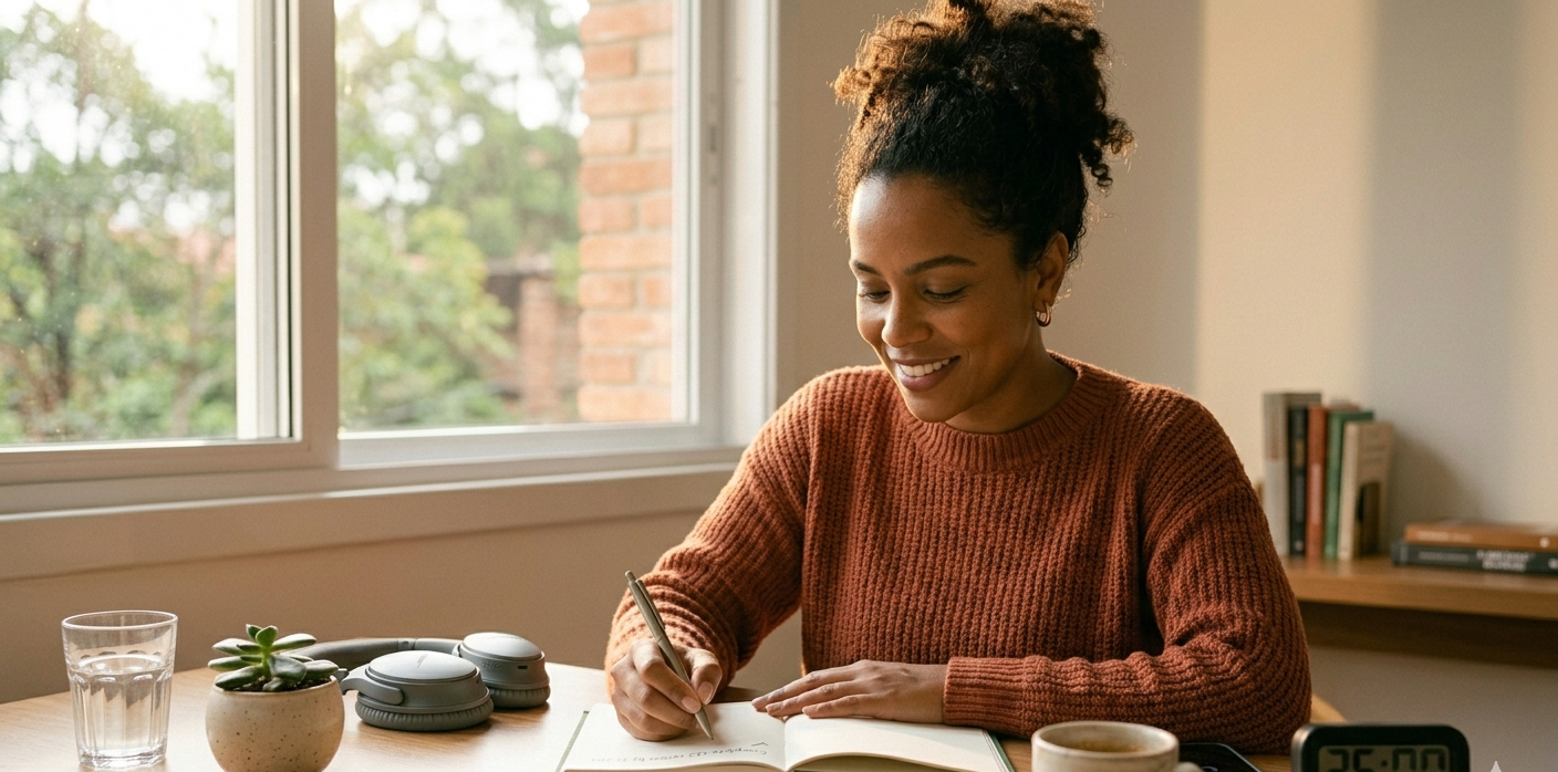 mãe sorrindo escrevendo em caderno com café — rotina pós-parto produtividade