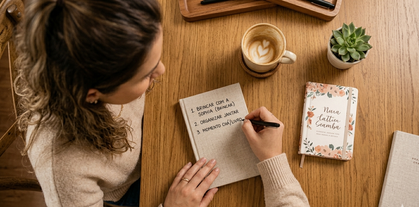 mãe escrevendo lista de prioridades no caderno — produtividade para mães
