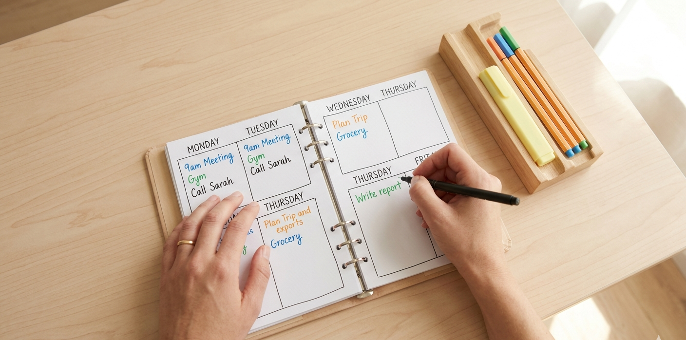 mãos escrevendo agenda semanal colorida — planejamento semanal para mães