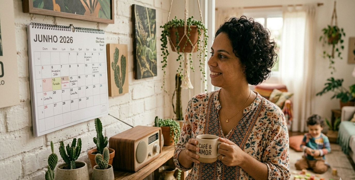 mãe olhando calendário na parede com café — planejamento semanal para mães