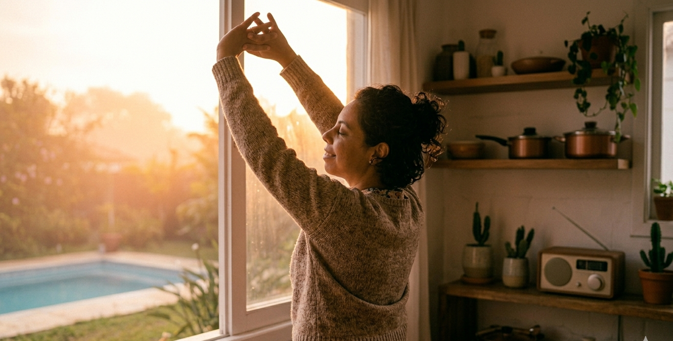 mãe fazendo alongamento matinal em casa — rotina matinal para mães