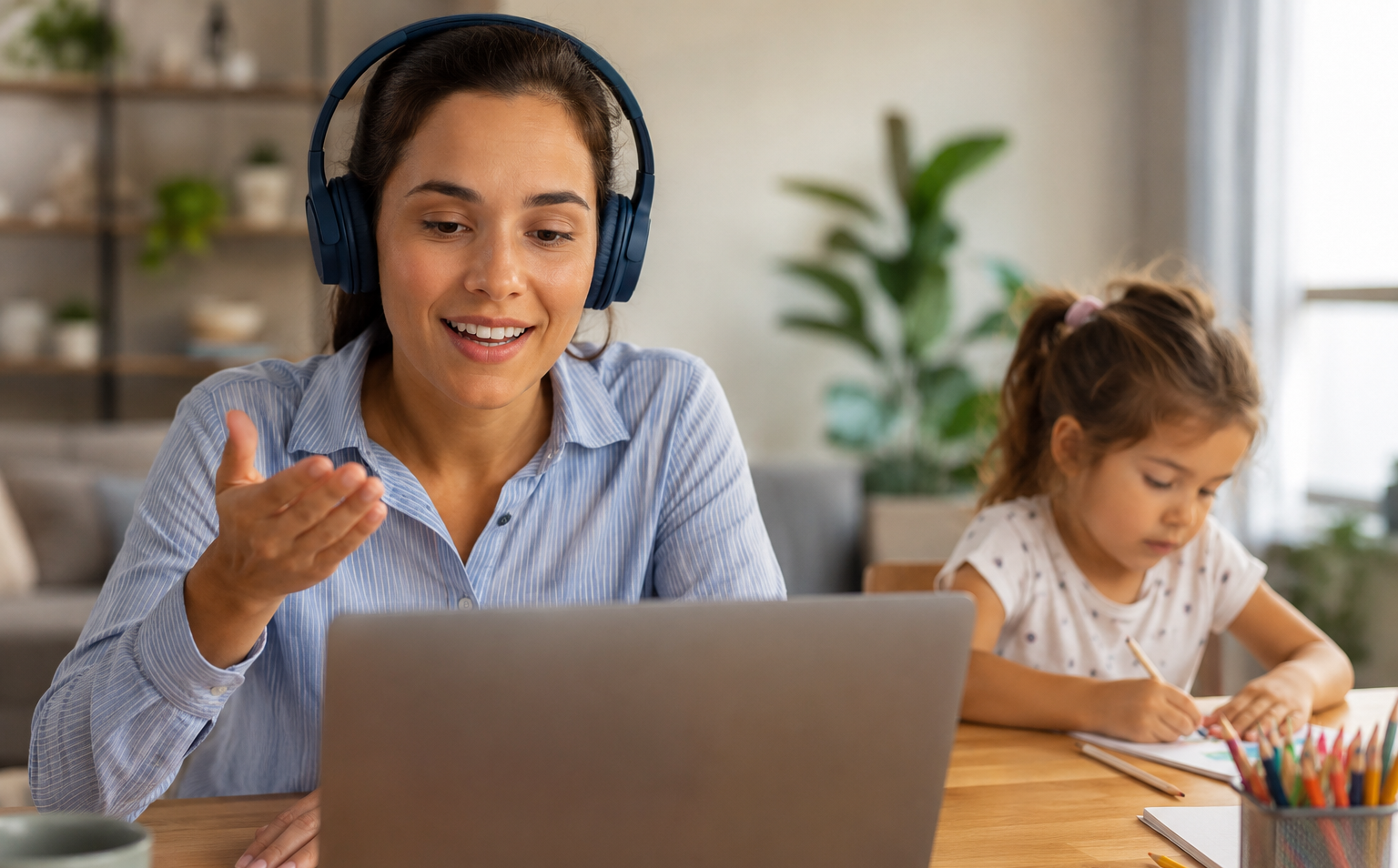 espaço de home office organizado com laptop e caderno — trabalhar em casa com filhos