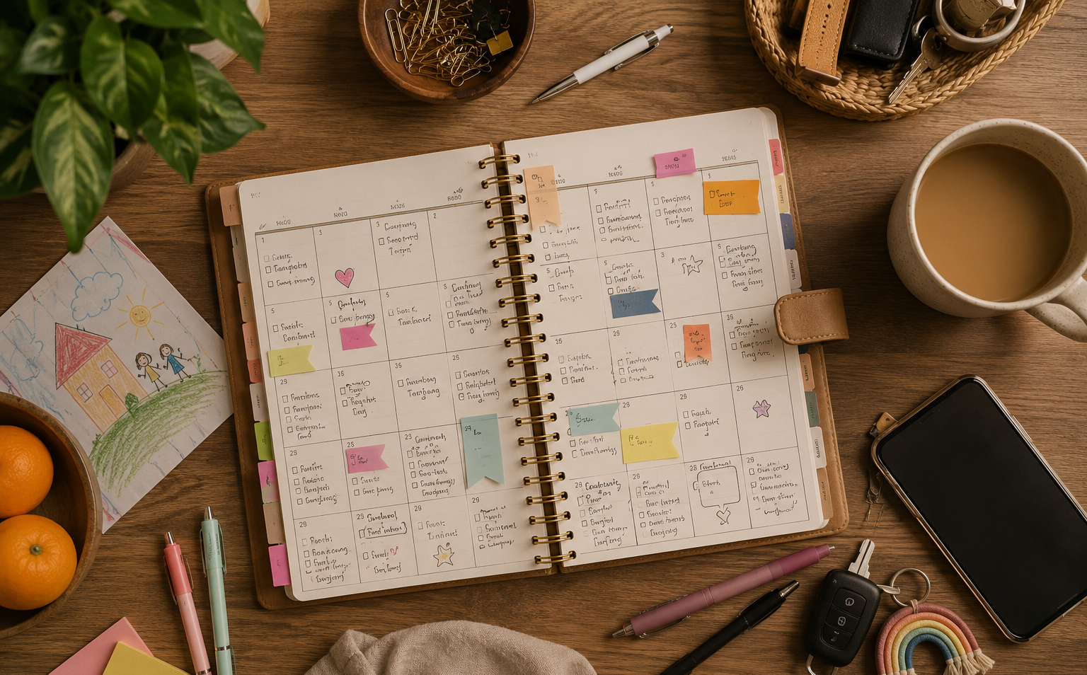 flat lay de planner familiar cheio de tarefas — carga mental de mãe