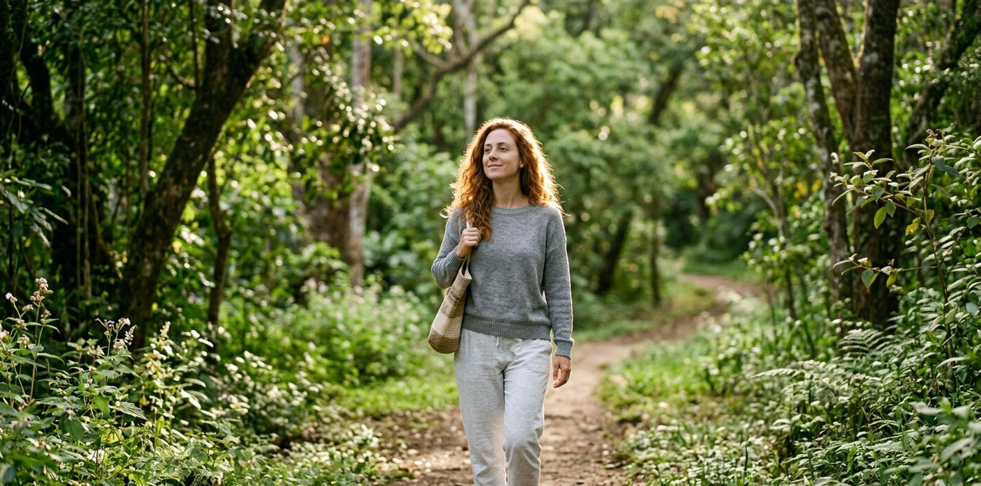 mulher caminhando sozinha em parque verde — recuperação do burnout materno