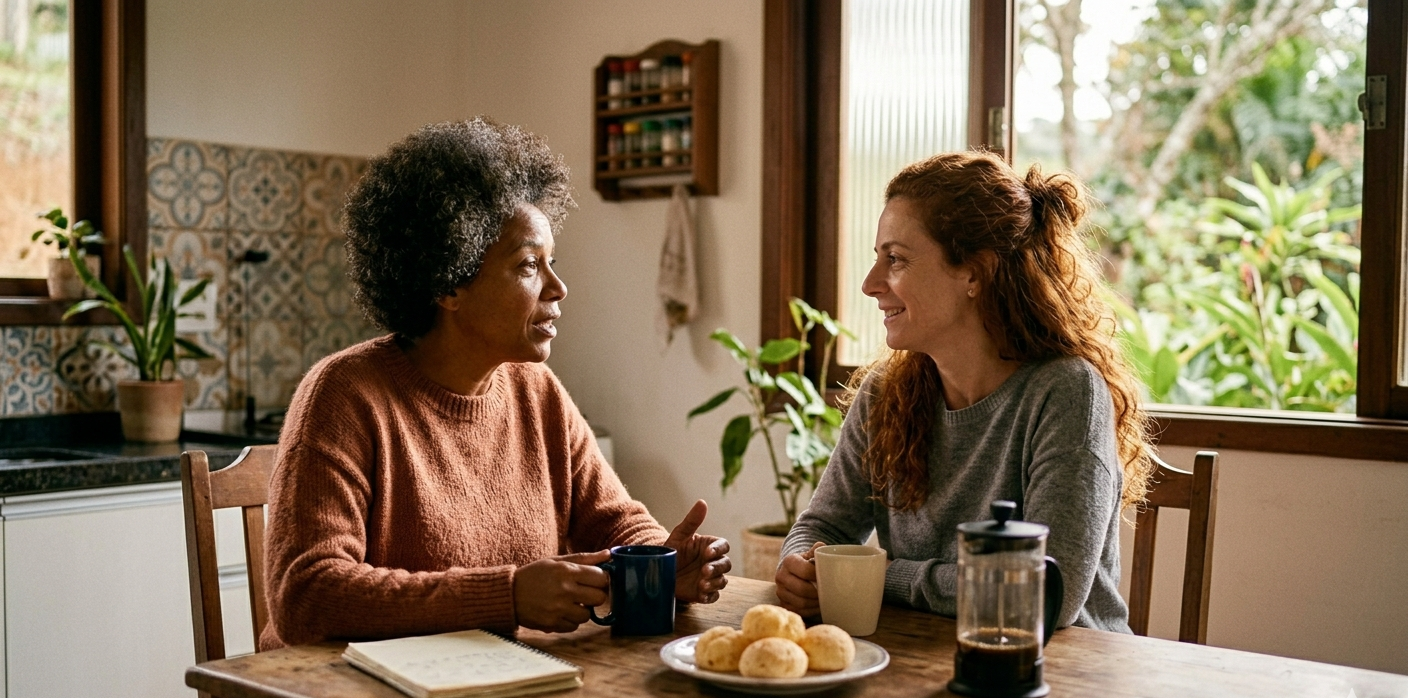 duas mulheres conversando com café em atmosfera acolhedora — burnout materno