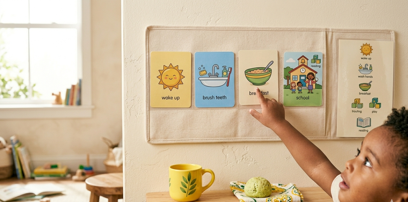 criança apontando para quadro de rotina colorido na parede — rotina para filhos pequenos