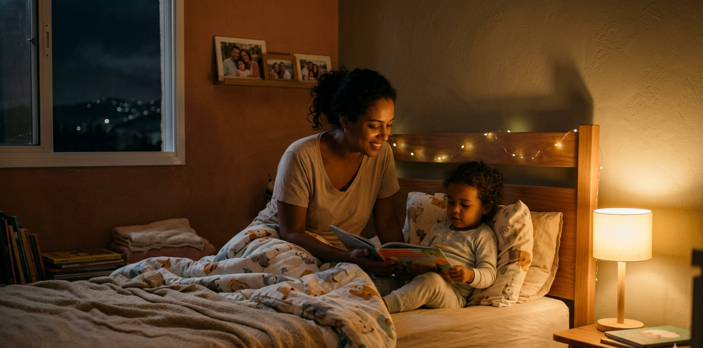 mãe lendo história para filho na cama com luz de abajur — rotina para filhos pequenos