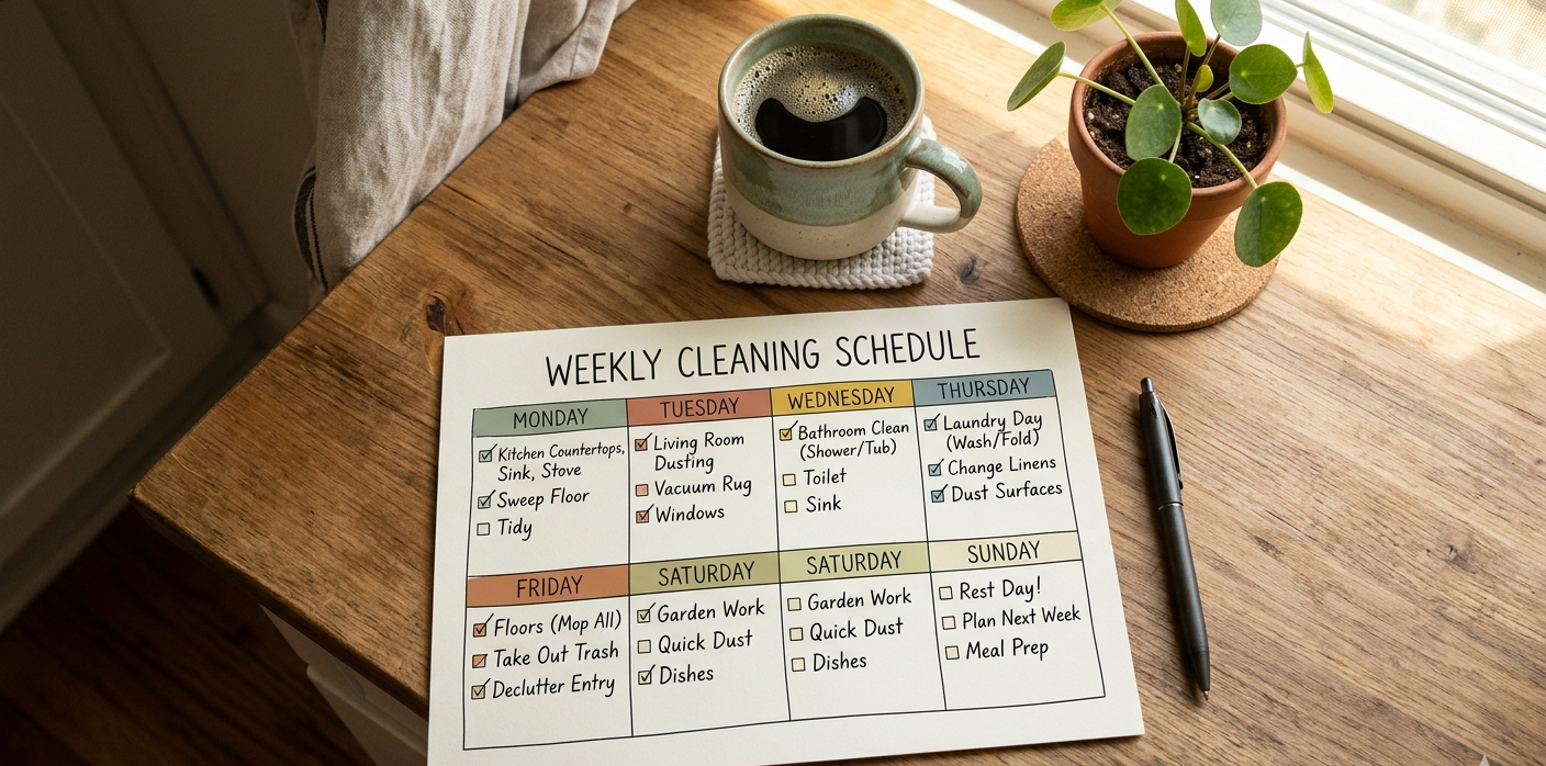Agenda semanal de limpeza por zonas sobre mesa de madeira