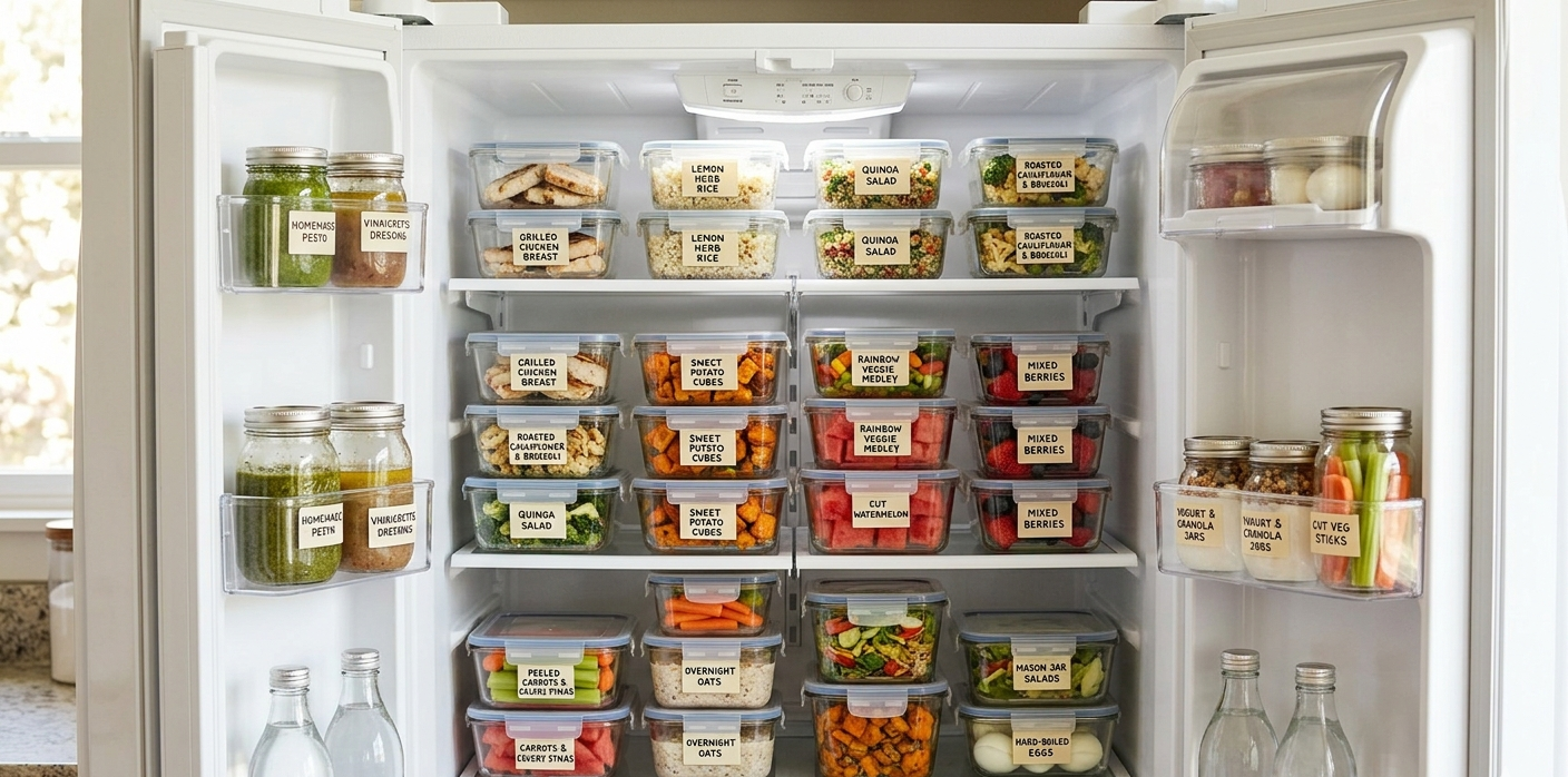 Geladeira organizada com potes de vidro para meal prep