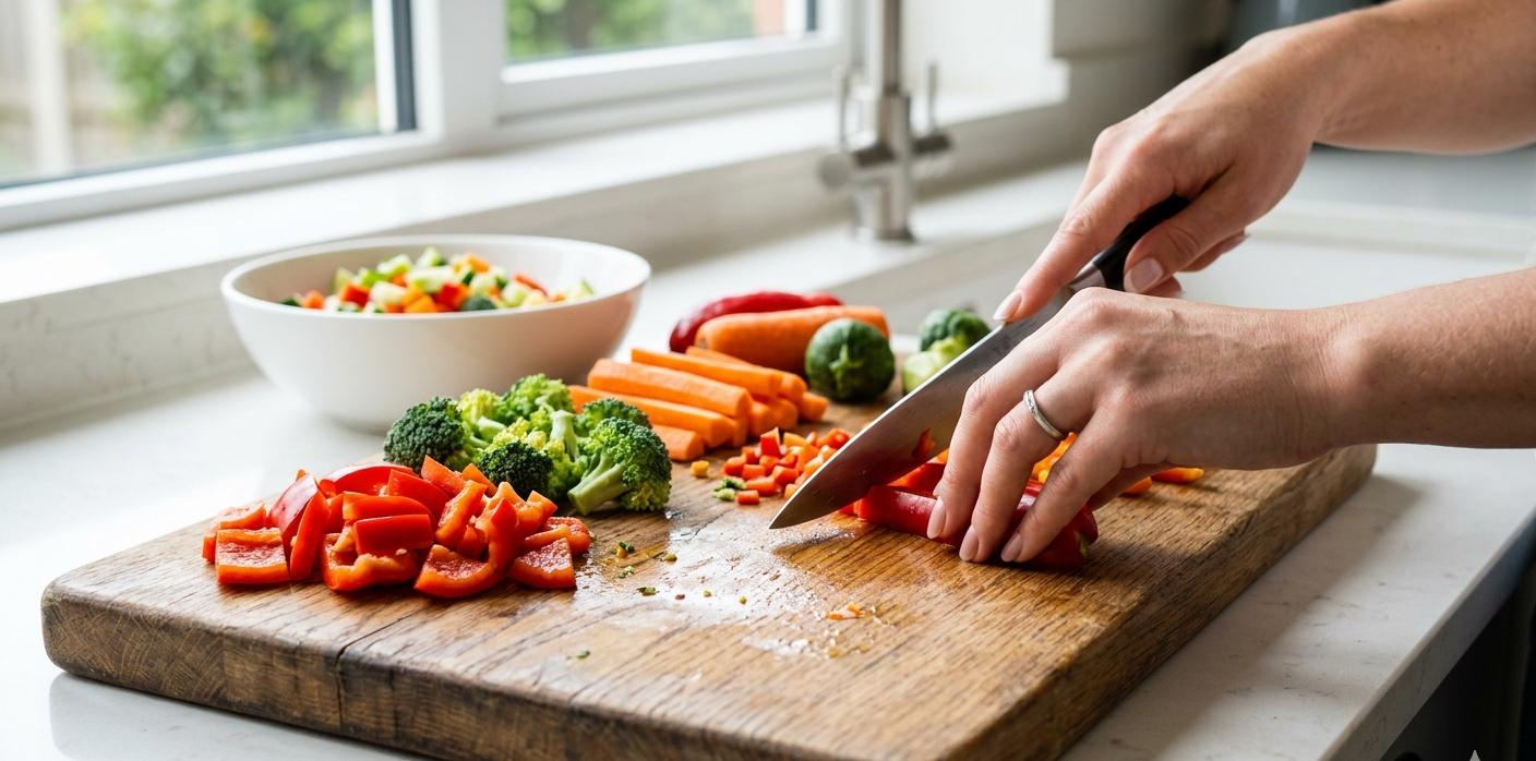 Mãos cortando legumes coloridos para o meal prep da semana