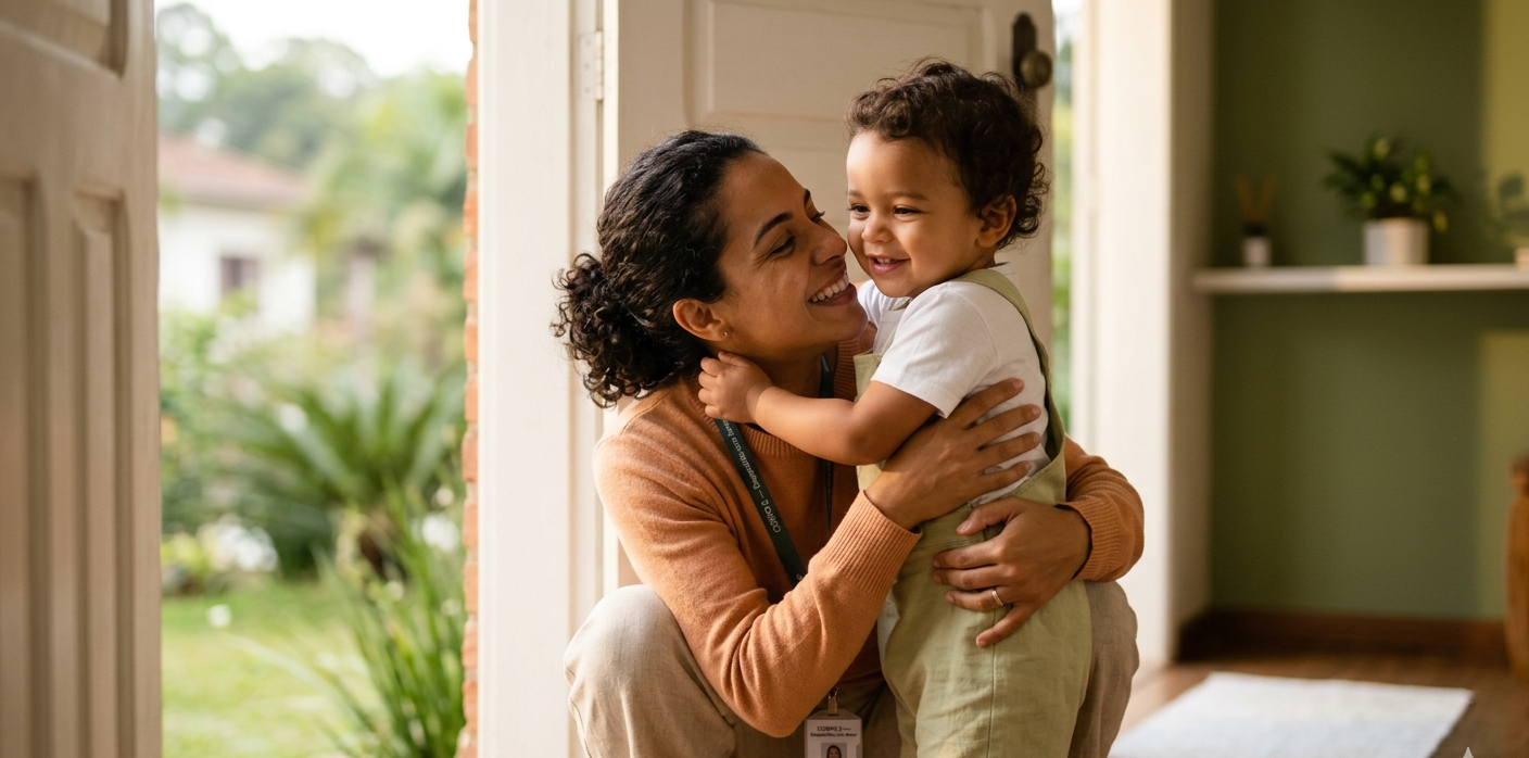 Mãe abraçando filho na porta antes de ir trabalhar