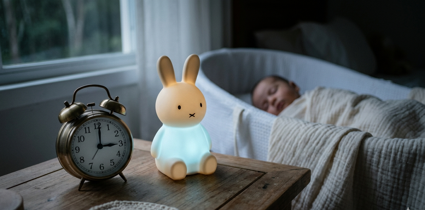 Despertador e luminária de coelho ao lado de berço com bebê dormindo