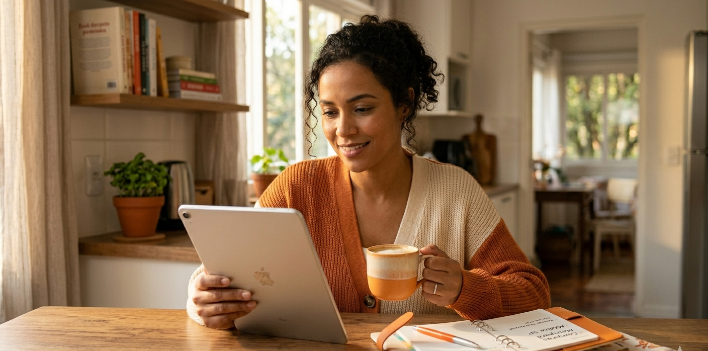 Mãe usando tablet com app de planejamento enquanto toma café