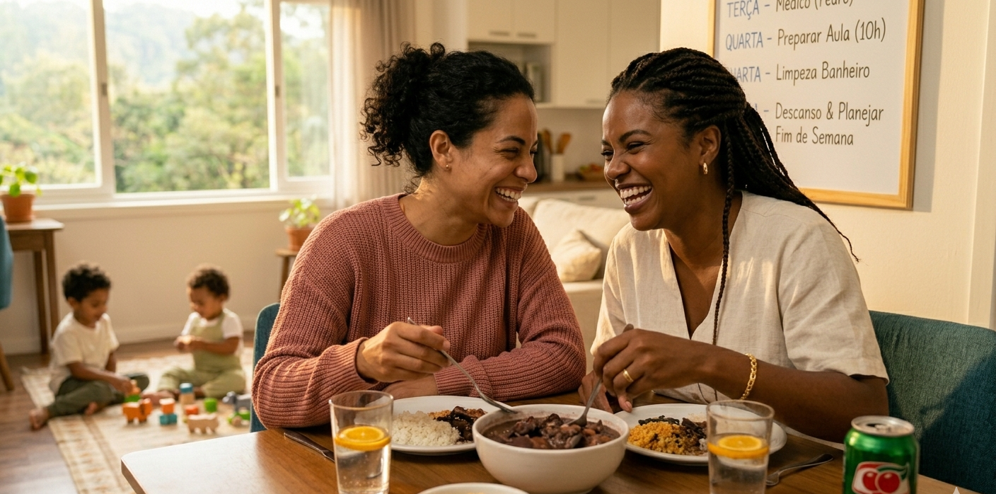 Duas amigas rindo juntas à mesa compartilhando refeição com crianças por perto
