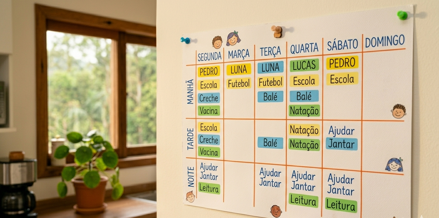 Agenda semanal colorida na parede com horários de cada filho