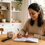 mãe sorrindo enquanto escreve em planner — gestão de tempo para mães