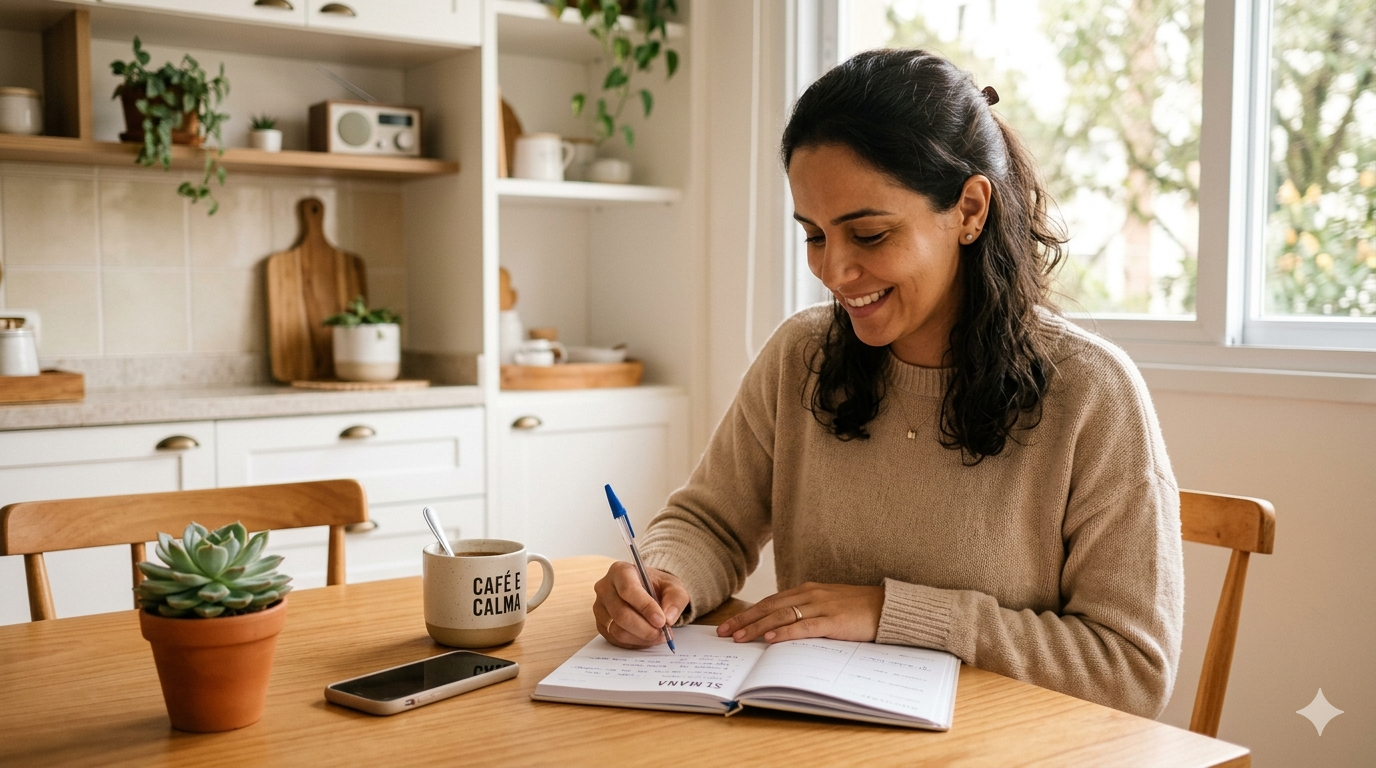 mãe sorrindo enquanto escreve em planner — gestão de tempo para mães