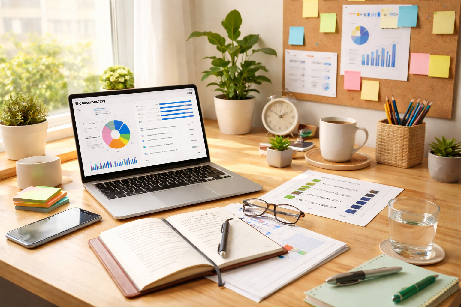 ambiente de trabalho organizado com laptop, plantas e caderno — produtividade para introvertidas