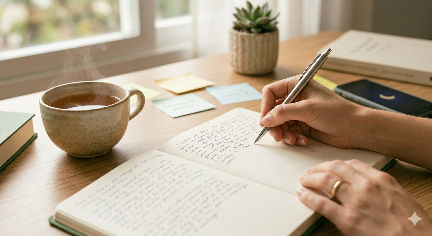mãos femininas escrevendo em caderno com chá — estratégias para produtividade na menopausa