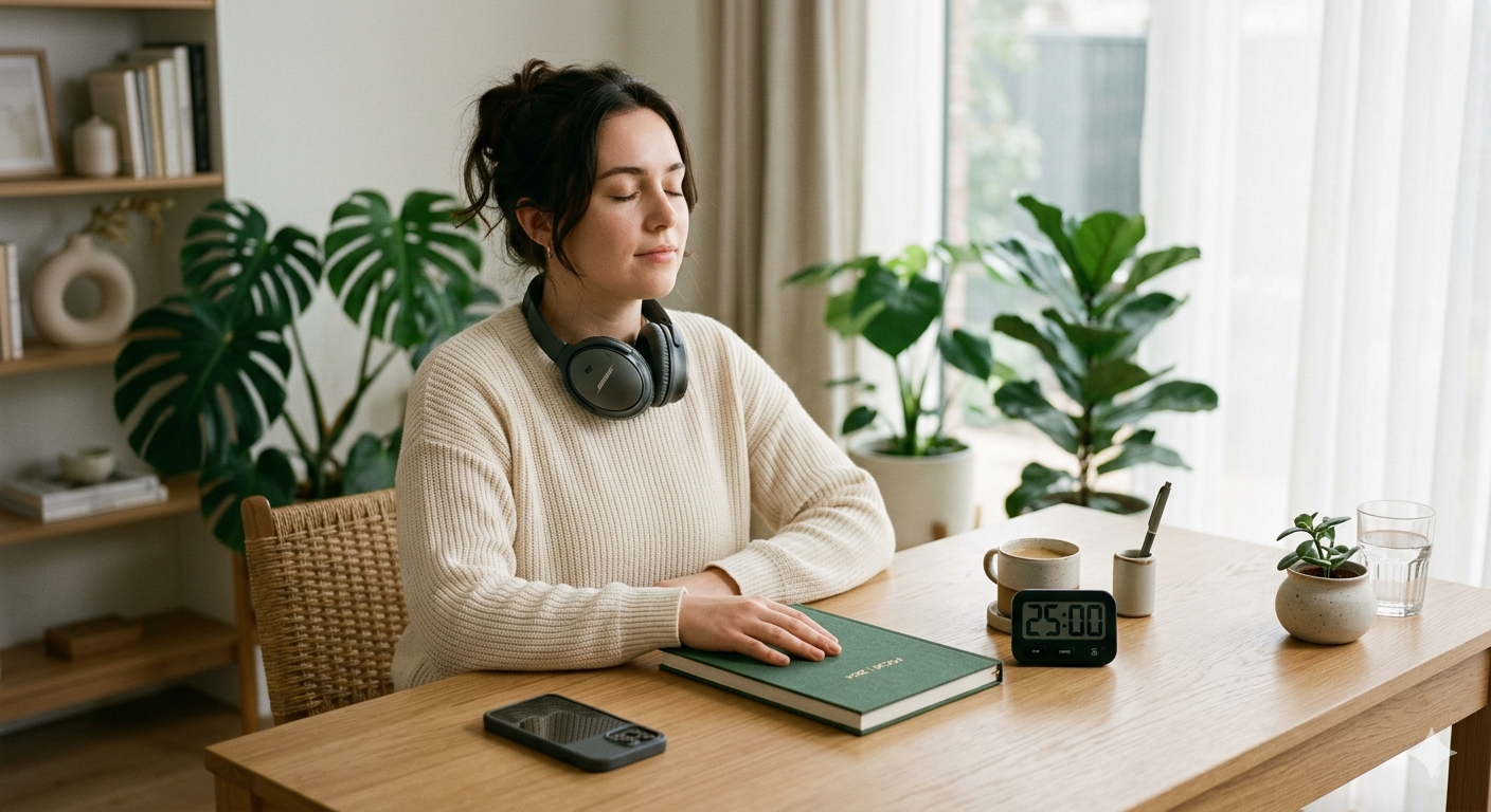 mulher com fone de ouvido no pescoço e mãos sobre livro fechado — mental declutter pausa consciente
