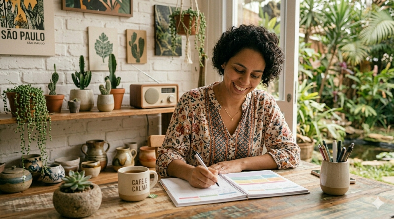 mãe escrevendo no planner semanal — planejamento semanal para mães